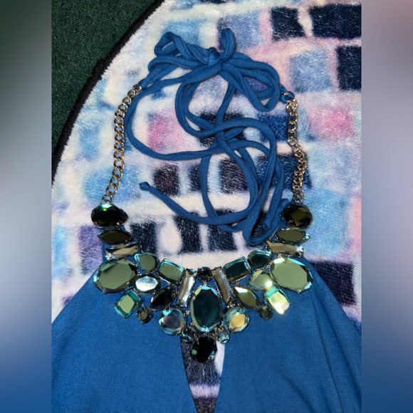 Sky Blue Mini Dress with Jeweled Neckline - New - Picture 2 of 6